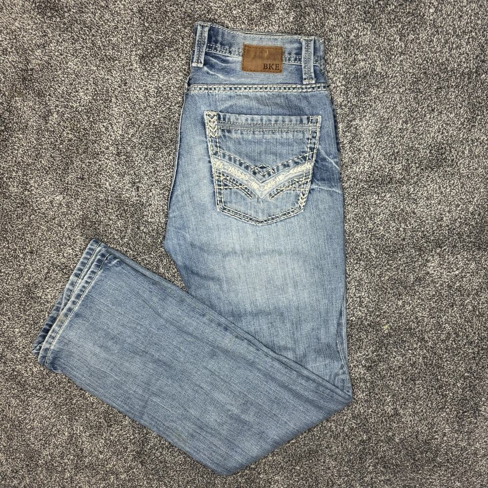 BKE Aiden Jeans Men 31R Slim Fit Bootcut Light Wash Distressed Buckle Y2K Denim